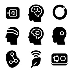 Neural Implant Icons. Solid style icons of neural implants and wearables: subdermal chip icon, skull interface badge, neural loop