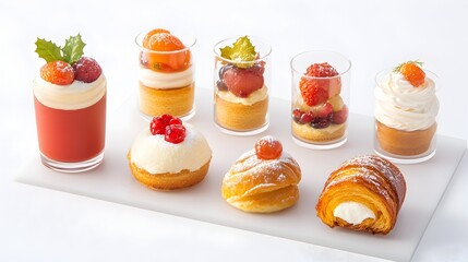 Festive mini desserts, buffet, holiday pastries, white background