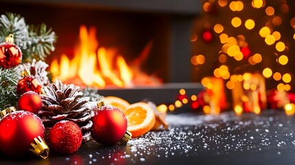 Festive fireplace Christmas decor, snowy mantel, warm lights
