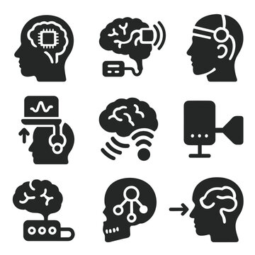 Brain-Computer Interface Icons. Solid style icons of brain-computer interfaces: brain chip implant, neural signal transmitter,