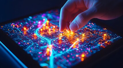 Fingertip interacts with glowing city map on tablet