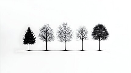 Five trees, growth stages, white background, nature illustration