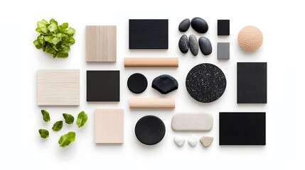 Flatlay Studio shot of wood, stone, & plant samples