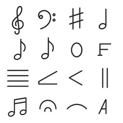 Music Symbols Icons. Line style icons of music symbols: treble clef, bass clef, sharp sign, flat sign, quarter note, eighth note,