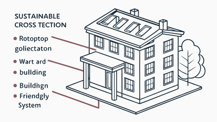 Naklejka premium Isometric Line Drawing of a TwoStory House with Tree.