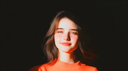 Girl, sunlight, portrait, studio, dark background, happy