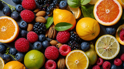 Colorful Fresh Fruits and Nuts Flat Lay on White Background