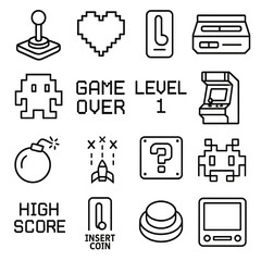 Retro Arcade Icons. Line style icons of retro and arcade games: arcade joystick, pixel heart, coin slot, retro console, 8-bit