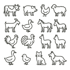 Farm Animal Icons. Line style icons of farm animals: cow, pig, chicken, sheep, goat, duck, horse, donkey, rooster, turkey, llama,