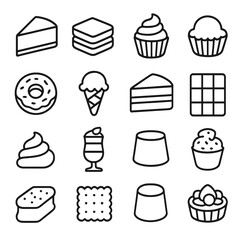 Dessert Line Icons. Line style icons of desserts and sweets: cheesecake slice, brownie, macaron, cupcake, tartlet, donut, gelato