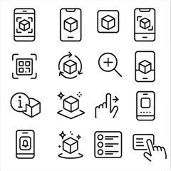 AR Interaction Icons. Line style icons of AR interaction: object scan, AR overlay, 3D model icon, phone AR view, scan marker,