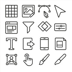 Digital Creativity Icons. Line style icons of digital creativity: pixel grid, photo edit icon, vector path, cursor icon, UI panel,