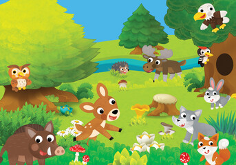 cartoon fun scene different forest animals friends in forest illustration