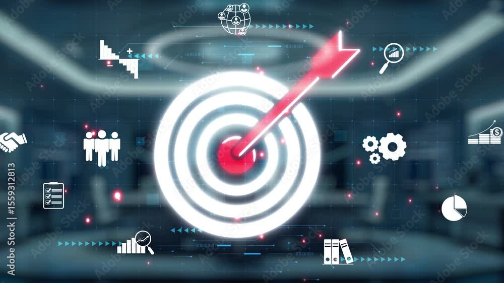Poster a futuristic robotic hand points at a digital target, surrounded by various data and analytics graph