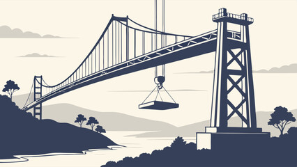 Stylized Illustration of a Suspension Bridge with Crane and Load.