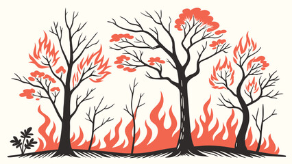 Stylized Forest Fire Illustration with Trees and Flames.