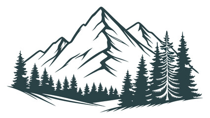 Stylized Mountain Range and Evergreen Trees Silhouette Illustration.