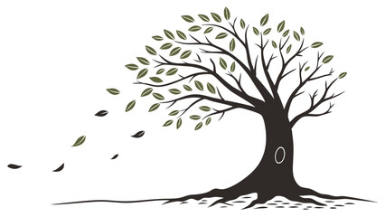 Stylized Tree with Blowing Leaves Vector Illustration.