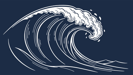 Stylized White Line Art of a Breaking Ocean Wave.