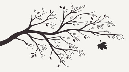 Stylized Tree Branch with Leaves and a Falling Leaf Silhouette.