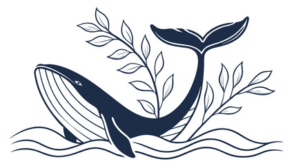 Stylized Whale with Foliage and Waves Illustration.