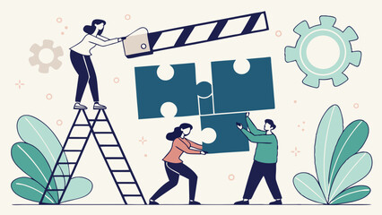 Teamwork Illustration People Assembling Jigsaw Puzzle with Ladder and Gears.