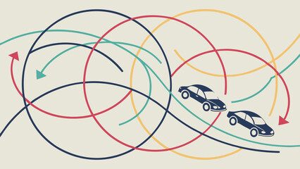 Two Cars with Colorful Circular Paths and Arrows Illustration.