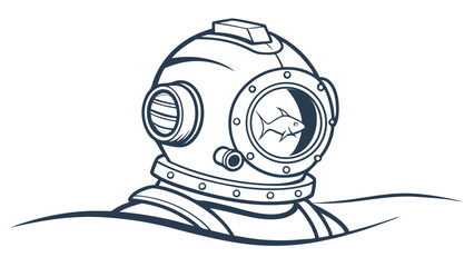 Vintage Deep Sea Diving Helmet with Fish Illustration.