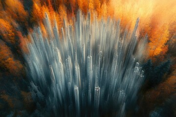 Abstract forest view with orange leaves and grey trees using a zoom blur effect for a dynamic perspective.