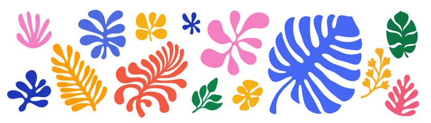 Tropical plant leaves llustration set. Modern botanical illustration of monstera, palm leaf, banana leaf. Vector papercut style leaves with playful vibrant colors. Scandinavian poster, or wallpaper