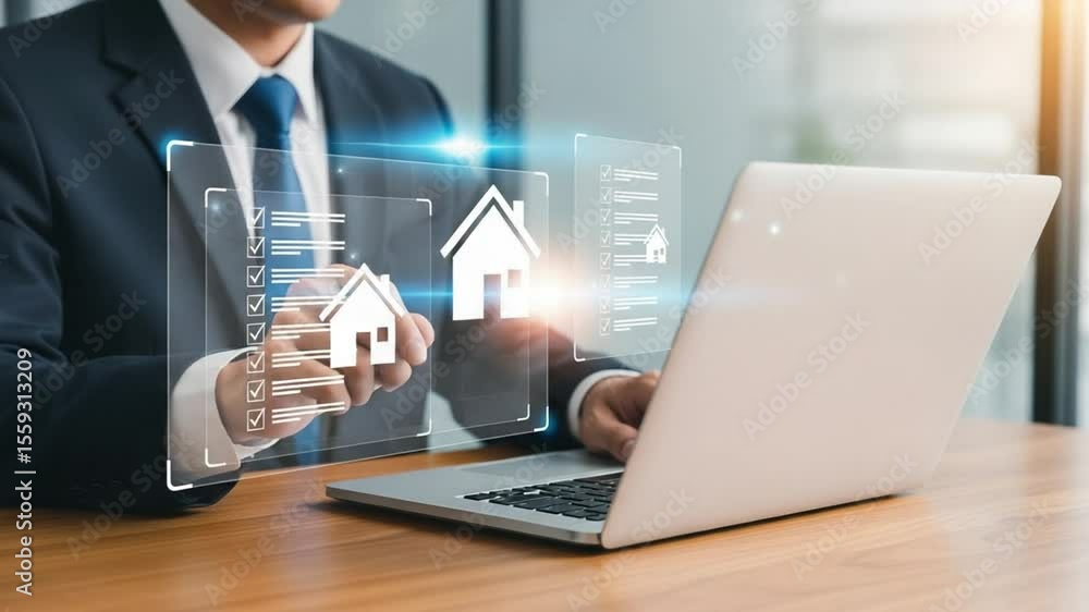 Aufkleber Businessman using laptop with house icons and checklist interface for property management tasks