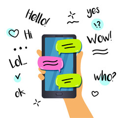Hand holding a mobile phone. heart, hello, yes. hi lol. ok wow. who.  Vector illustration, flat style.  © kornetka