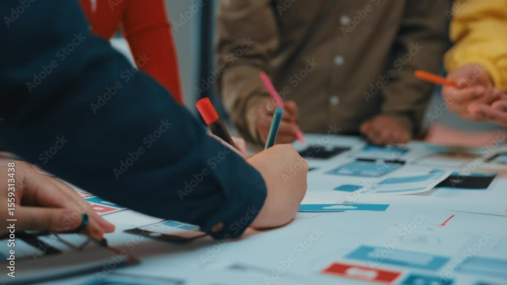 Poster a close-up view of diverse designers engaging in creative collaboration. they utilize color swatches