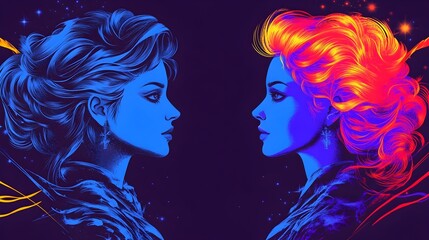 Opposing women, cosmic background, digital art, profile view, album cover