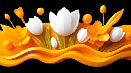 Orange wave, white tulips, yellow flowers, spring, 3D render, banner, design