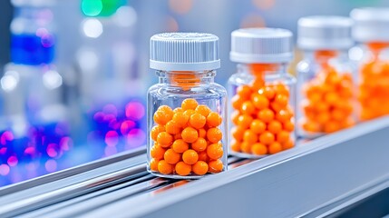Orange pills bottle conveyor belt pharmaceutical factory