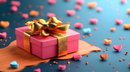 Pink gift box, gold bow, hearts background, wooden surface, romantic