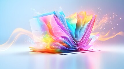 Rainbow book pages burst, glowing studio, digital art, website