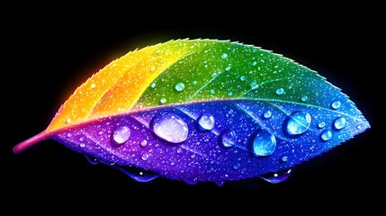 Rainbow leaf, dew drops, dark background, nature design