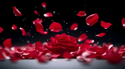 Red rose, petals falling, dark background, romantic scene