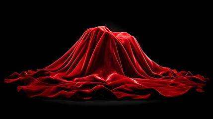 Red velvet draped object, dark background, reveal, mystery, product launch