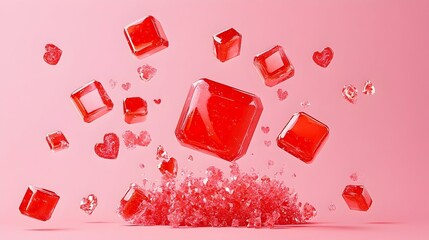 Red Crystals Exploding on Pink Background
