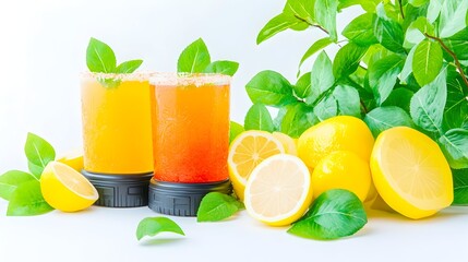 Refreshing citrus drinks, lemons, leaves, white background, healthy beverage