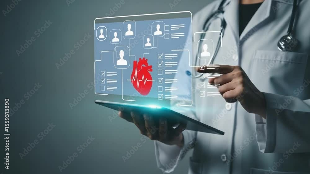 Poster doctor using tablet with heart diagram and checklist interface for medical data analysis and diagnos