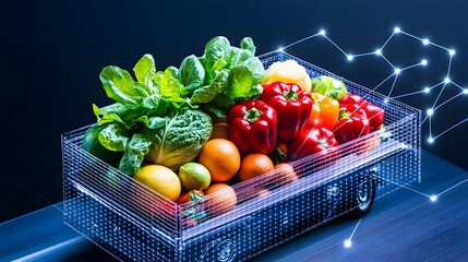 Smart cart delivers fresh produce; network background