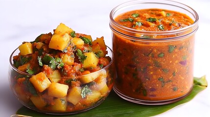 Spicy potato dish and sauce on leaf, studio shot