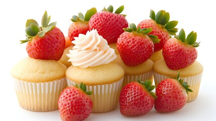 Strawberry cupcakes, cream frosting, white background, dessert, food photography