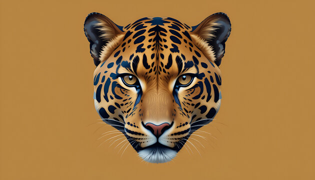 Elegant jaguar face artwork displays a striking wildlife portrait on a brown background, ideal for animal and safari themed designs.
