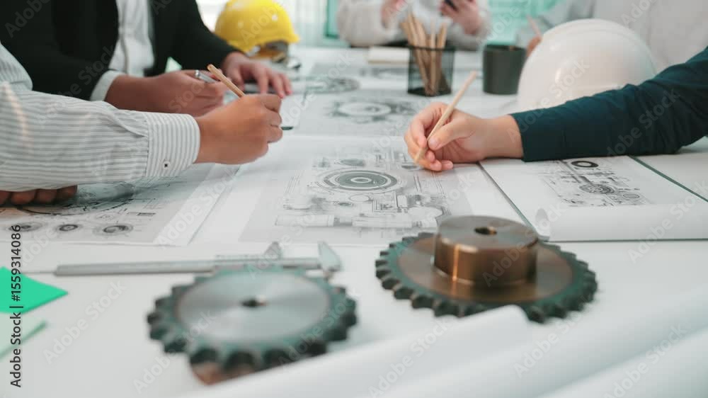 Poster a dynamic team engaged in a collaborative engineering project, utilizing technical drawings and tool