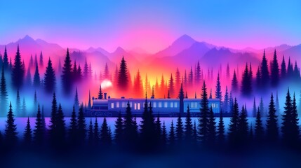 Sunrise train journey, mountain forest, misty lake